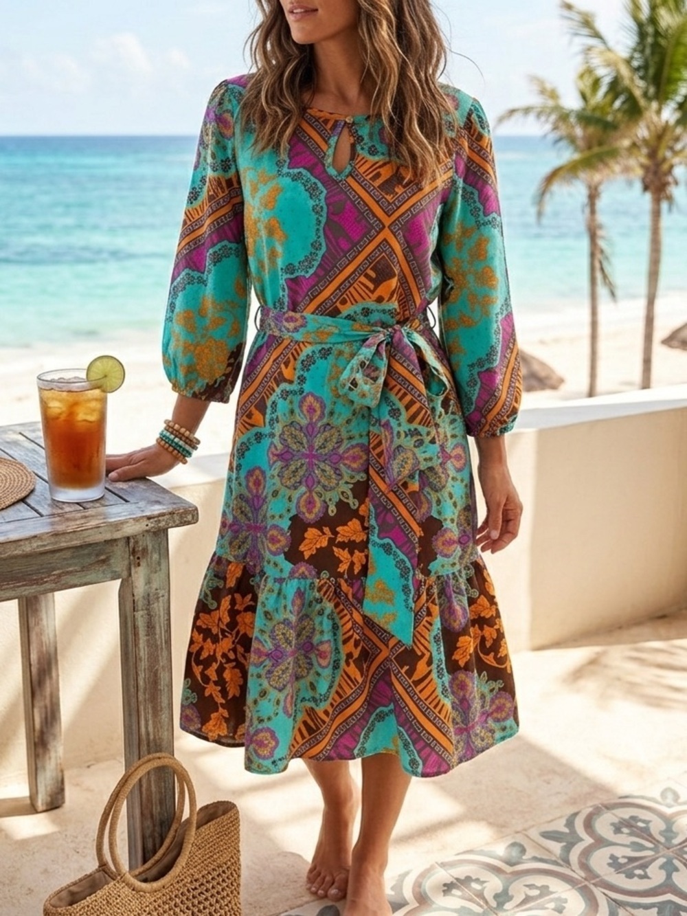 Uncle Frank Boho Paisley Print Tiered Mini Dress Blue Purple Orange S USA Made
